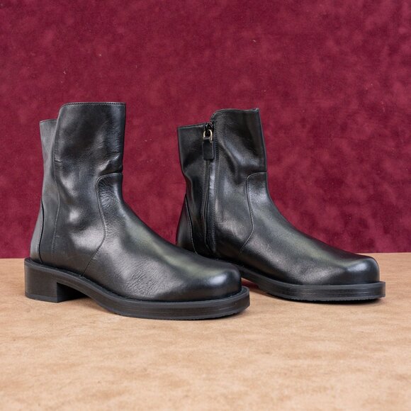 Stuart Weitzman Women Sadie Black Leather Zip Dress Office Ankle Boots sz 5B - Picture 1 of 9